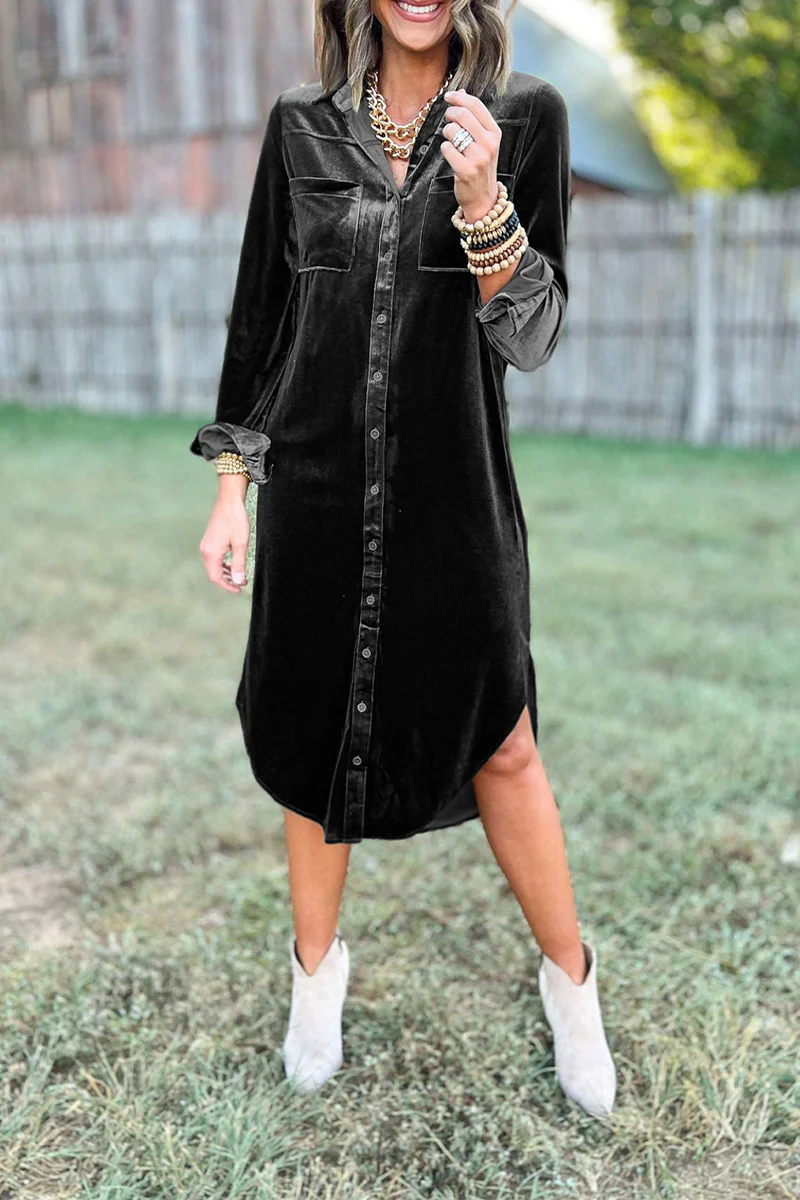 Casual Pocket Buckle Turndown Collar Shirt Dresses(3 Colors) - Panekey