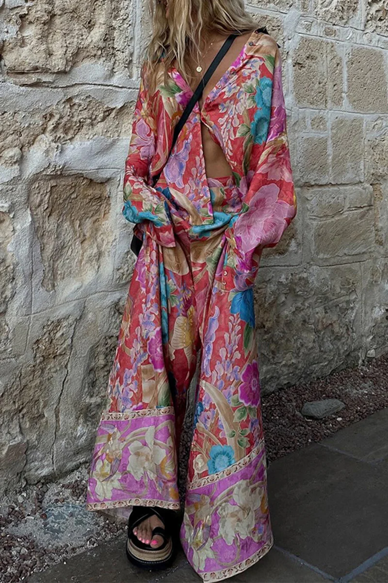 Casual Floral Print Pocket Contrast Turndown Collar Long Sleeve Two Pieces - Panekey