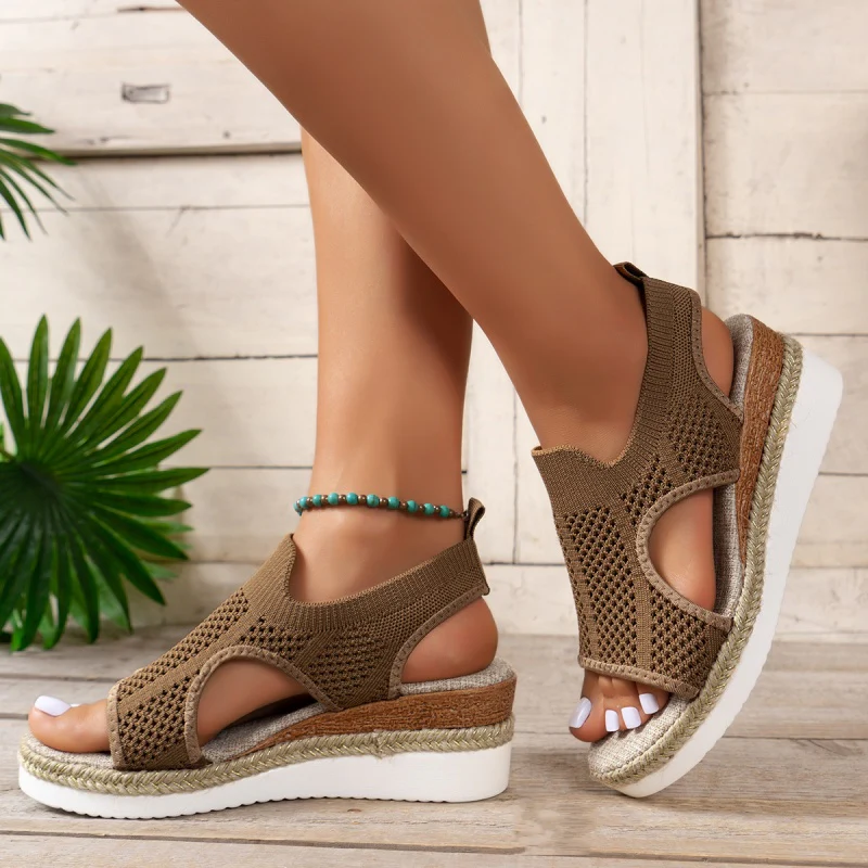 Casual Hollowed Out Patchwork Contrast Fish Mouth Out Wedges Shoes (Heel Height 2.16in) - Panekey