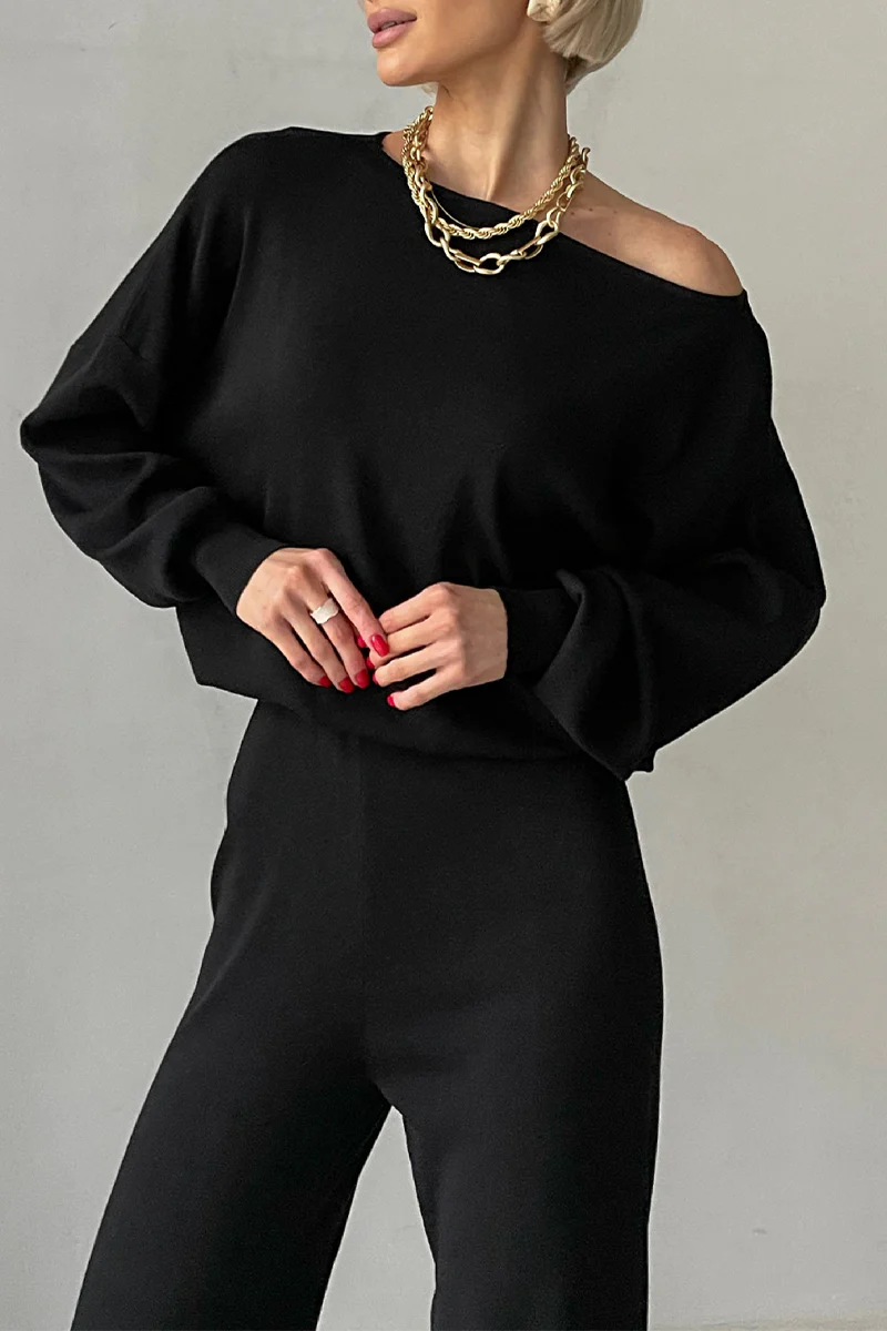 Casual Irregular Oblique Collar Long Sleeve Two Pieces(3 Colors) - Panekey