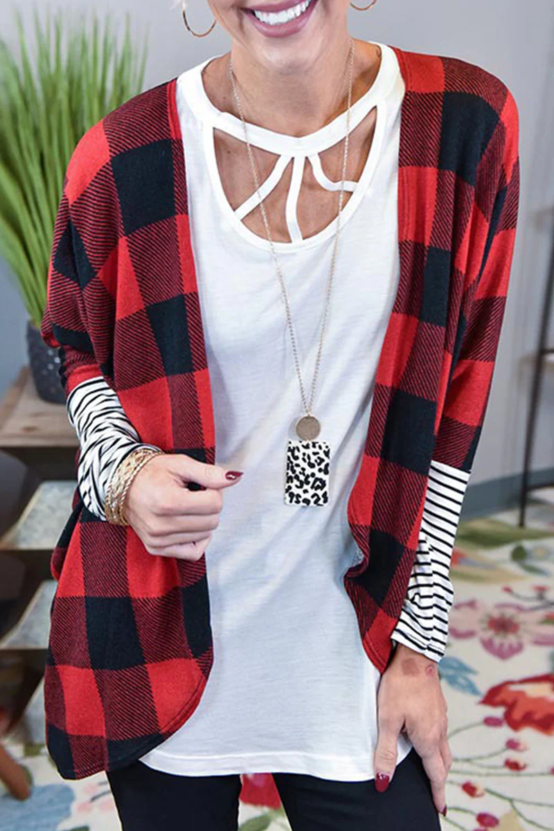 Casual Plaid Striped Patchwork Contrast Tops - Panekey