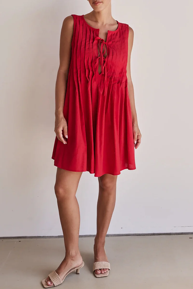 Casual Daily Lace Up Pleated O Neck Pleated Dresses(4 Colors) - Panekey