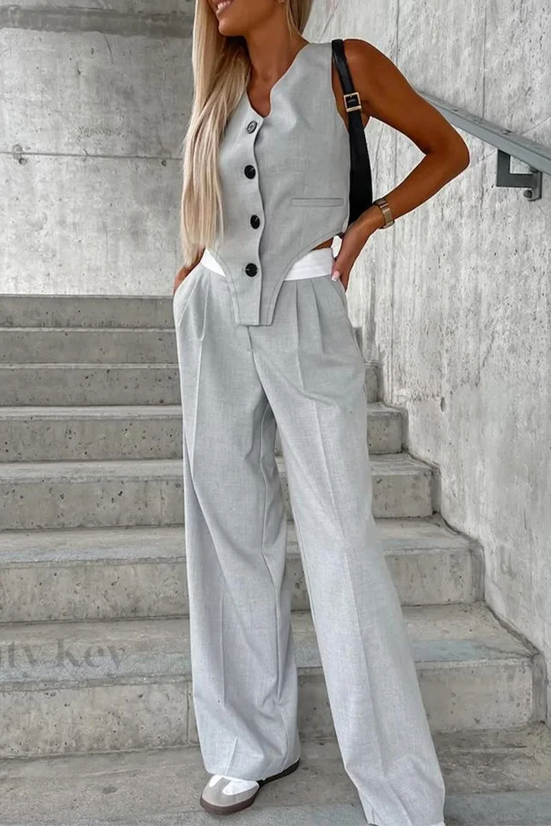 Casual British Style Solid Buttons Fold Asymmetrical V Neck Sleeveless Two Pieces(8 Colors) - Panekey