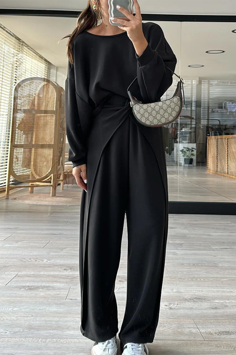 Casual Pocket Backless O Neck Long Sleeve Two Pieces(3 Colors) - Panekey