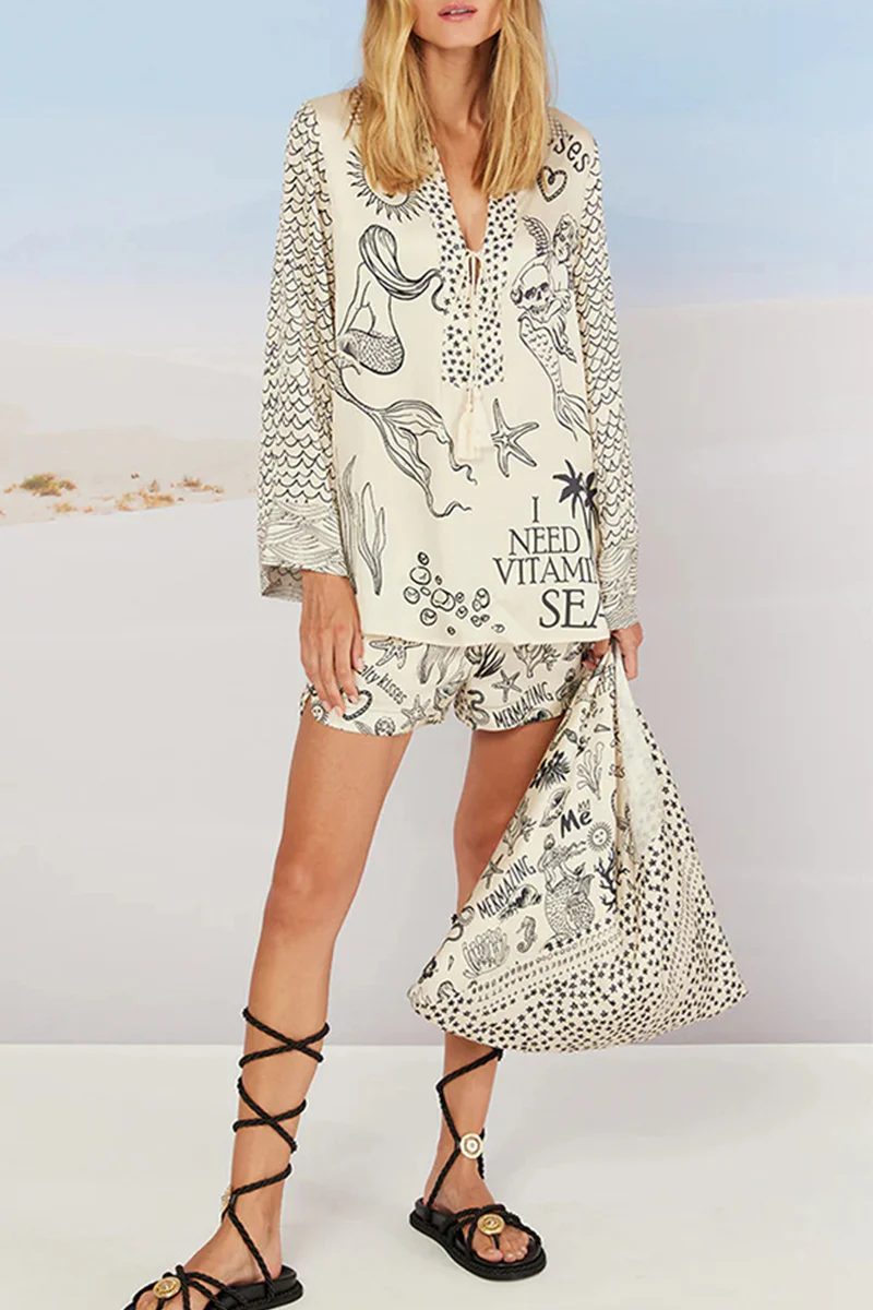 Casual Graffiti Print Tassel Contrast V Neck Long Sleeve Two Pieces - Panekey