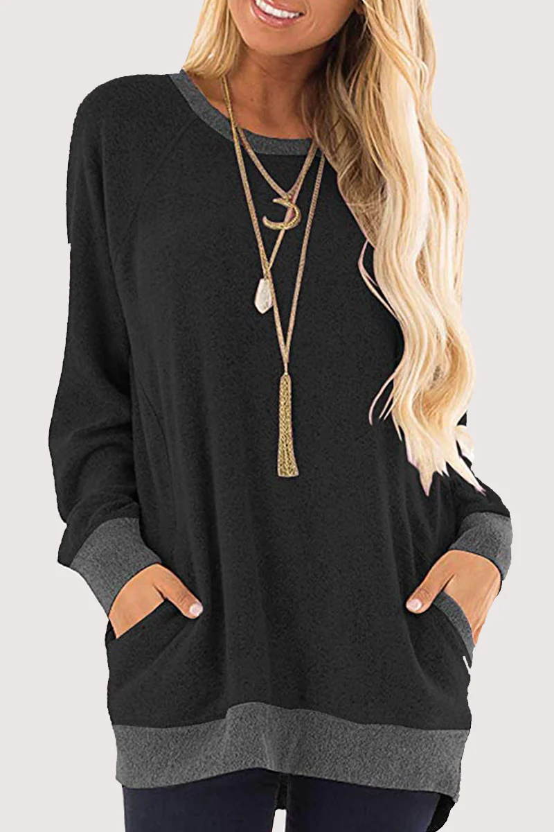 Casual Patchwork Pocket O Neck Tops - Panekey