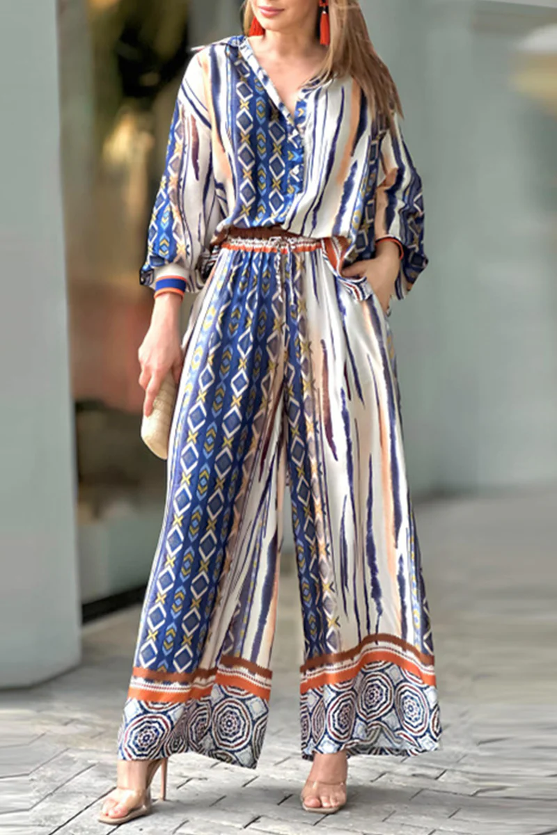 Casual Geometric Printing V Neck Two Pieces - Panekey