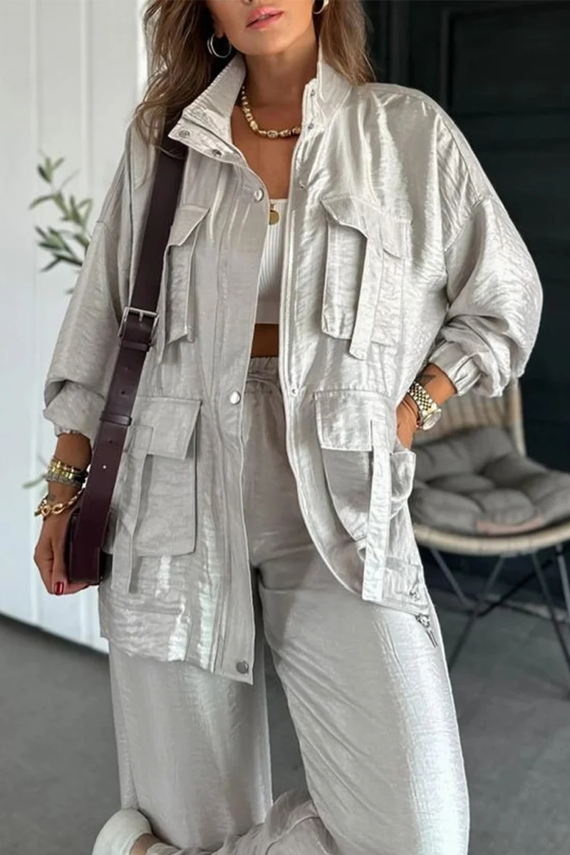 Casual Pocket Ruched Mandarin Collar Long Sleeve Two Pieces(6 Colors) - Panekey