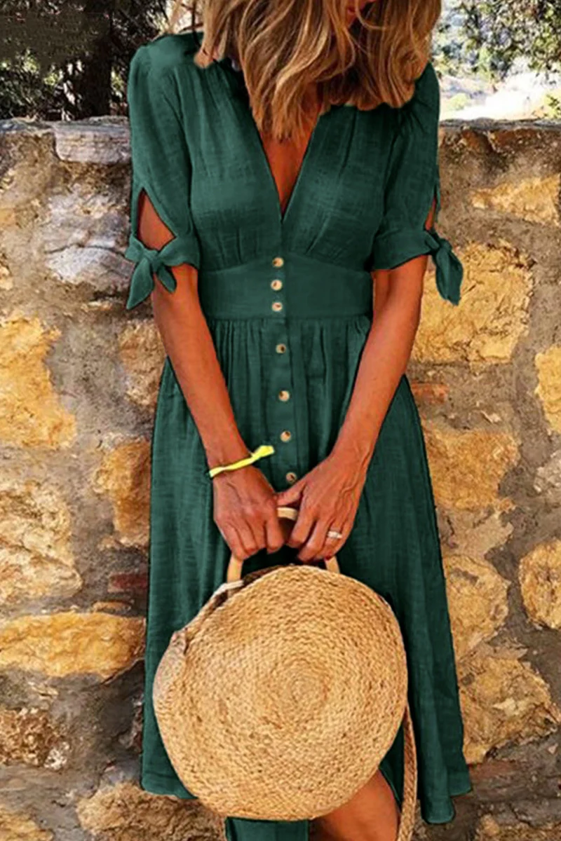 Casual Elegant Buckle Knotted V Neck Dresses(4 Colors) - Panekey