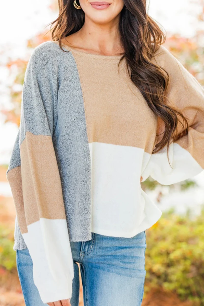 Casual Patchwork  Contrast O Neck Tops Sweater - Panekey