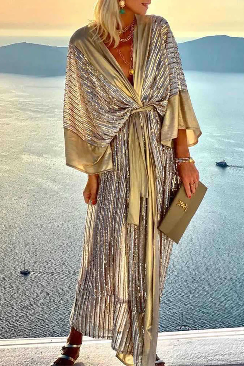 Casual Patchwork Sequins V Neck Waist Skirt Dresses(3 Colors) - Panekey