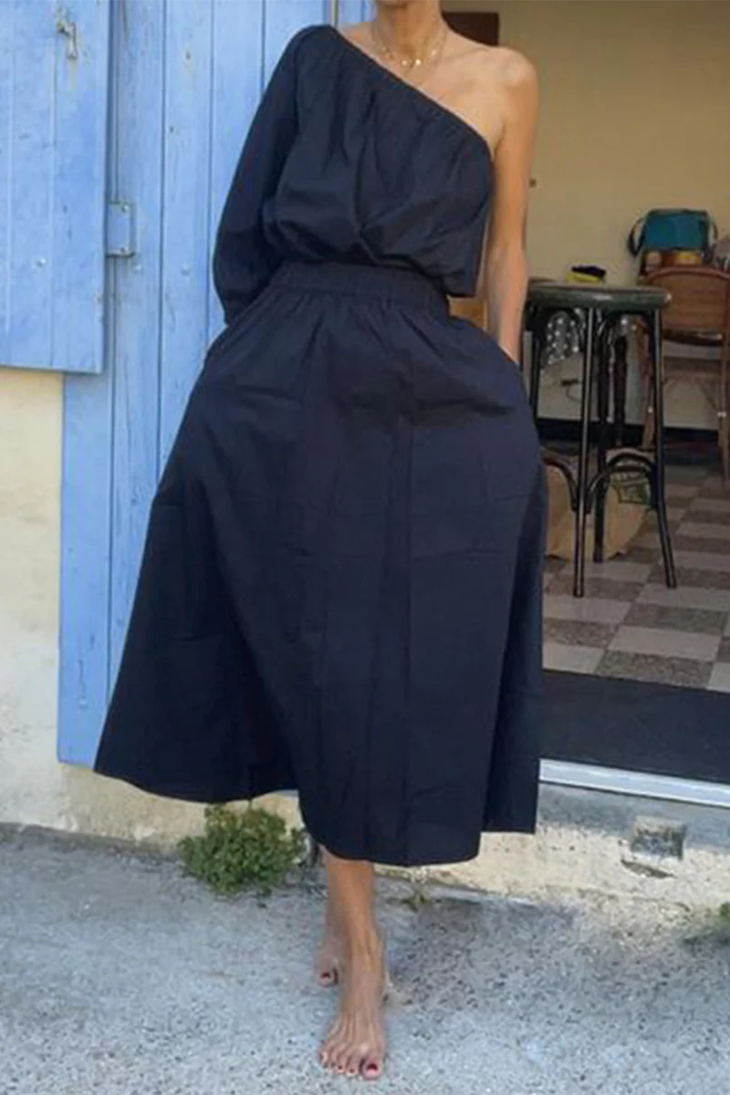 Casual Elegant Solid Color Pocket Irregular Oblique Collar Half Sleeve Two Pieces - Panekey