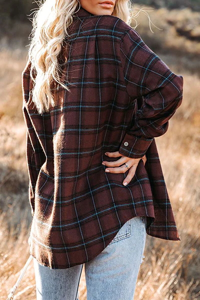 Casual Plaid Pocket Buckle Turndown Collar Tops - Panekey