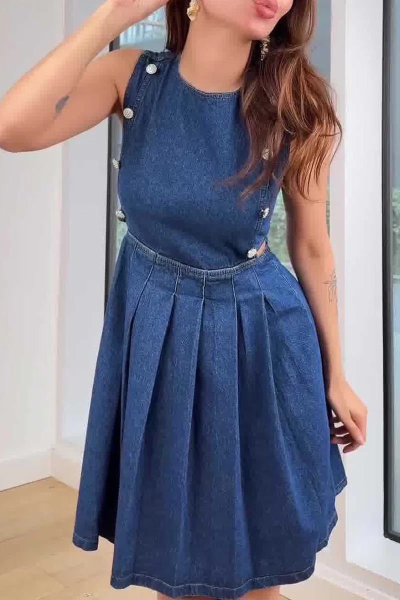 Casual Hollow Out Ruched Zipper O Neck Sleeveless Denim Dresses - Panekey