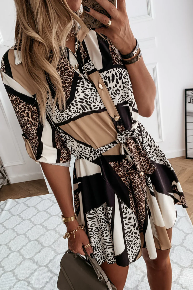 Casual Elegant Print Leopard Frenulum Buckle Dresses - Panekey