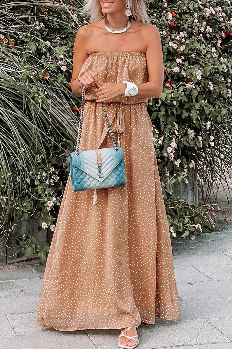 Bohemian Vacation Polka Dot Frenulum Strapless Pleated Dresses - Panekey