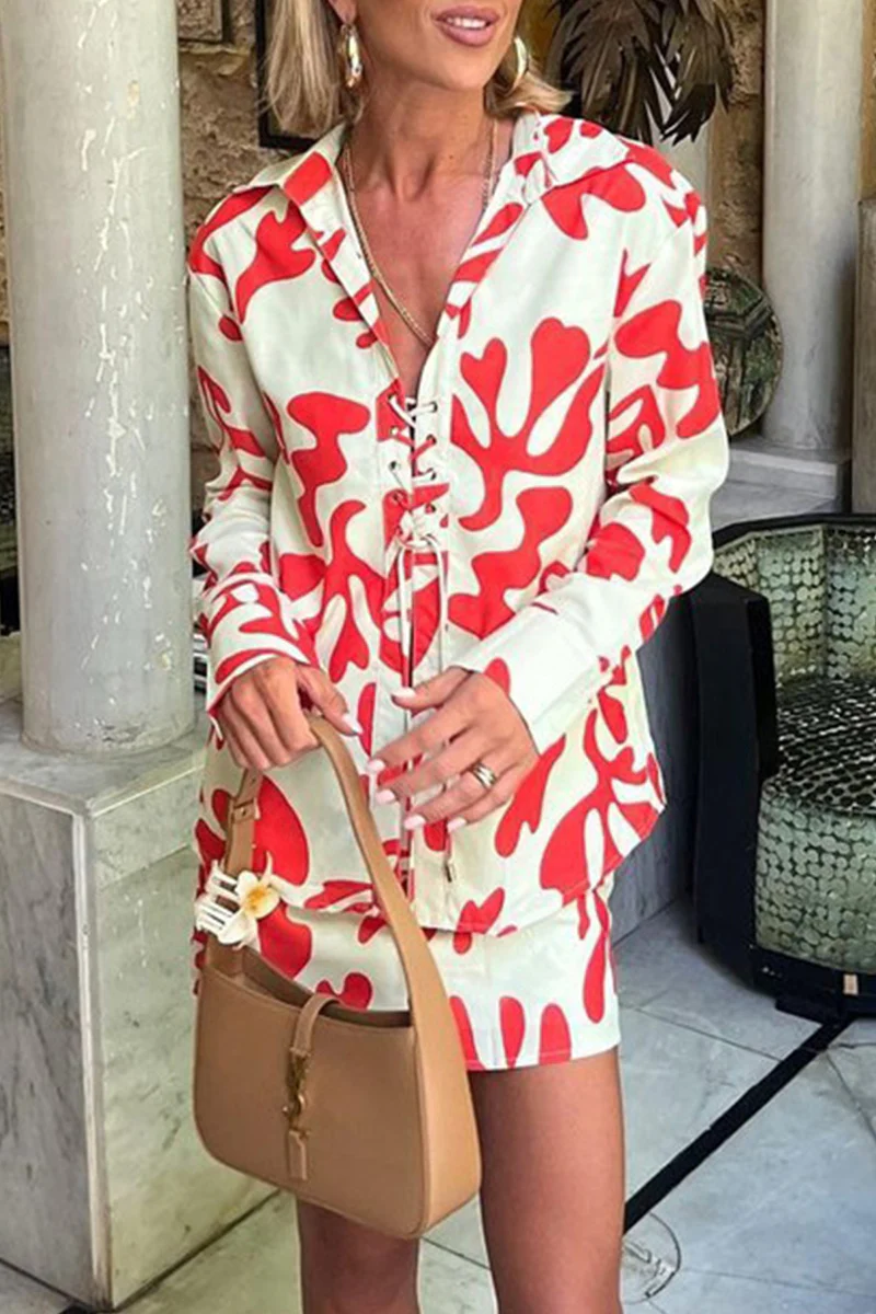 Casual Floral Patchwork Turndown Collar Long Sleeve Two Pieces - Panekey