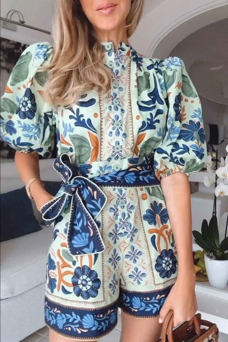 Casual Floral Print Lace Up Buttons O Neck Rompers - Panekey