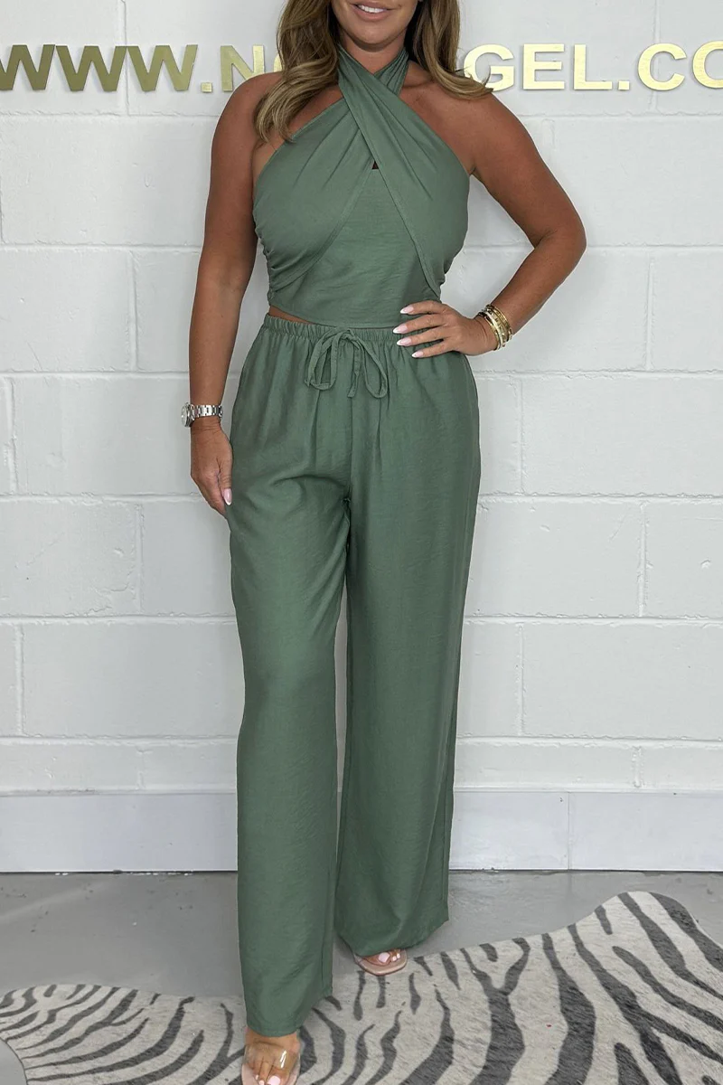 Casual Daily Solid Color Pocket Lace Up Halter Sleeveless Two Pieces(4 Colors) - Panekey