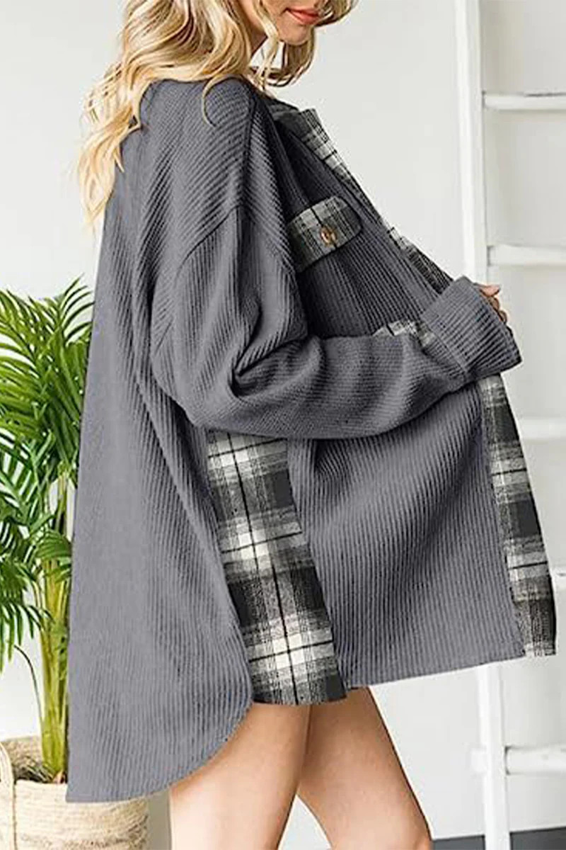 Casual Color Block Pocket Contrast Turndown Collar Tops - Panekey