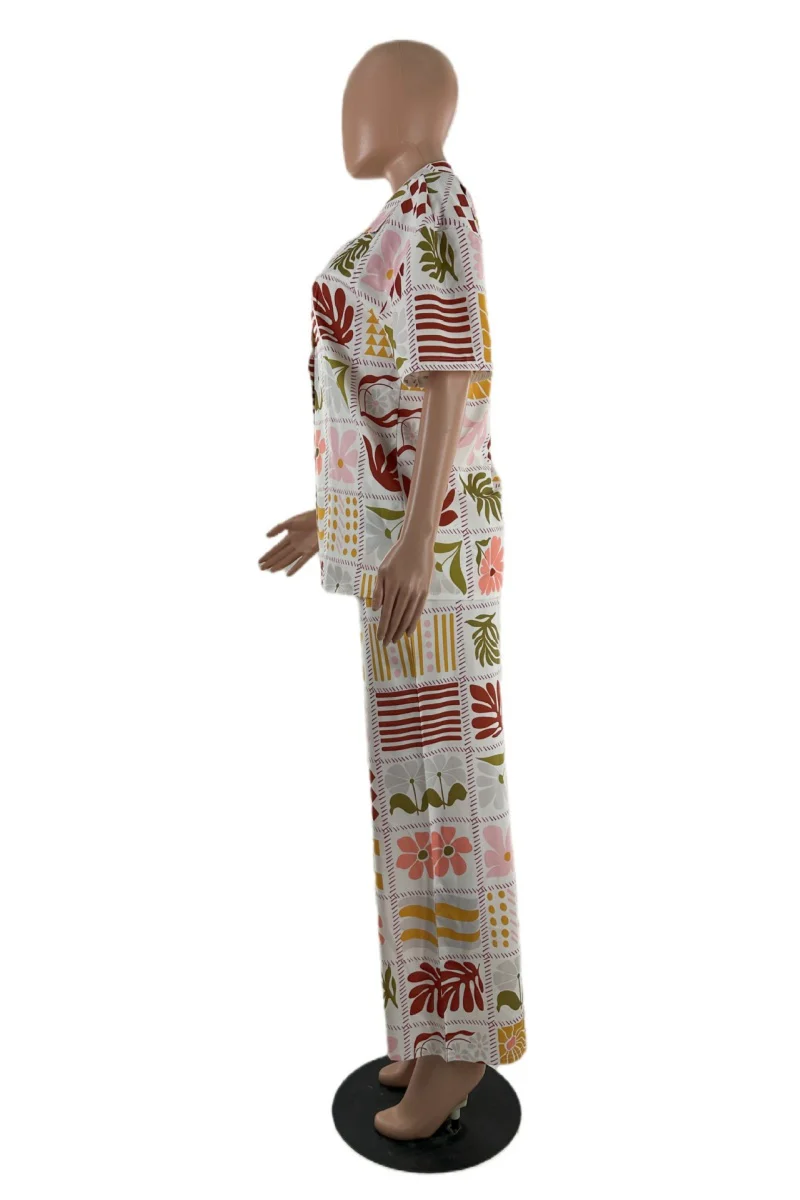 Casual Floral Print Basic Turndown Collar Short Sleeve Two Pieces - Panekey