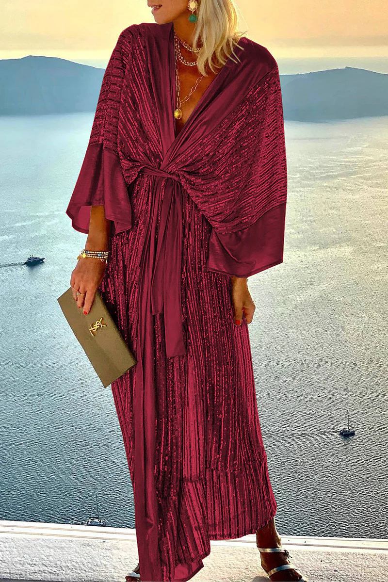 Casual Patchwork Sequins V Neck Waist Skirt Dresses(3 Colors) - Panekey