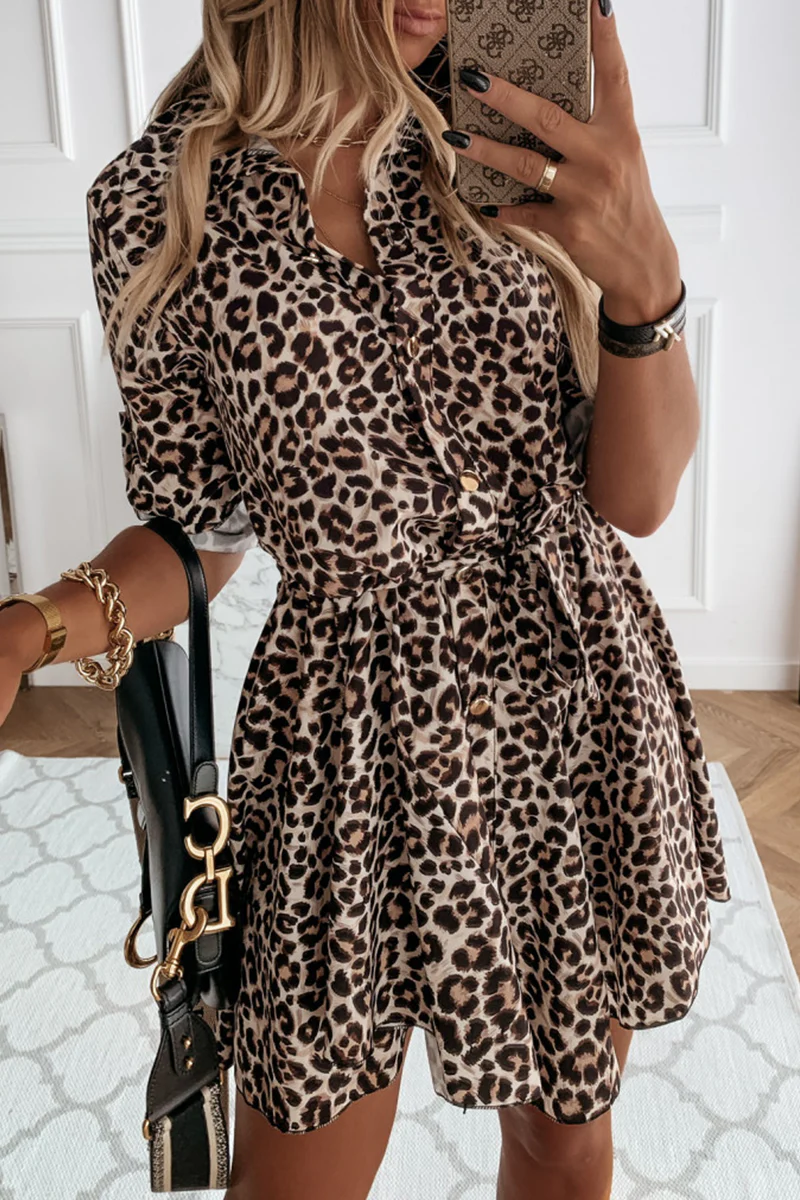 Casual Elegant Print Leopard Frenulum Buckle Dresses - Panekey