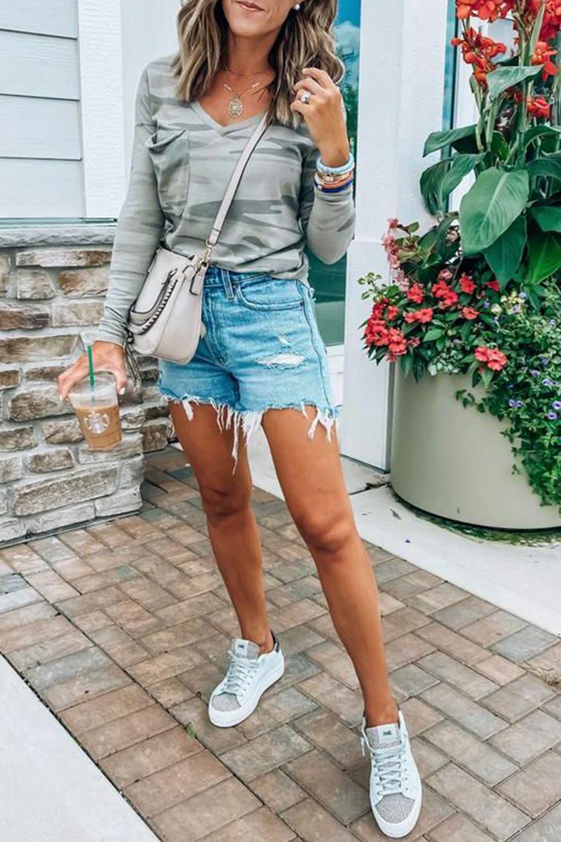 Casual Camouflage Print Patchwork V Neck Tops - Panekey