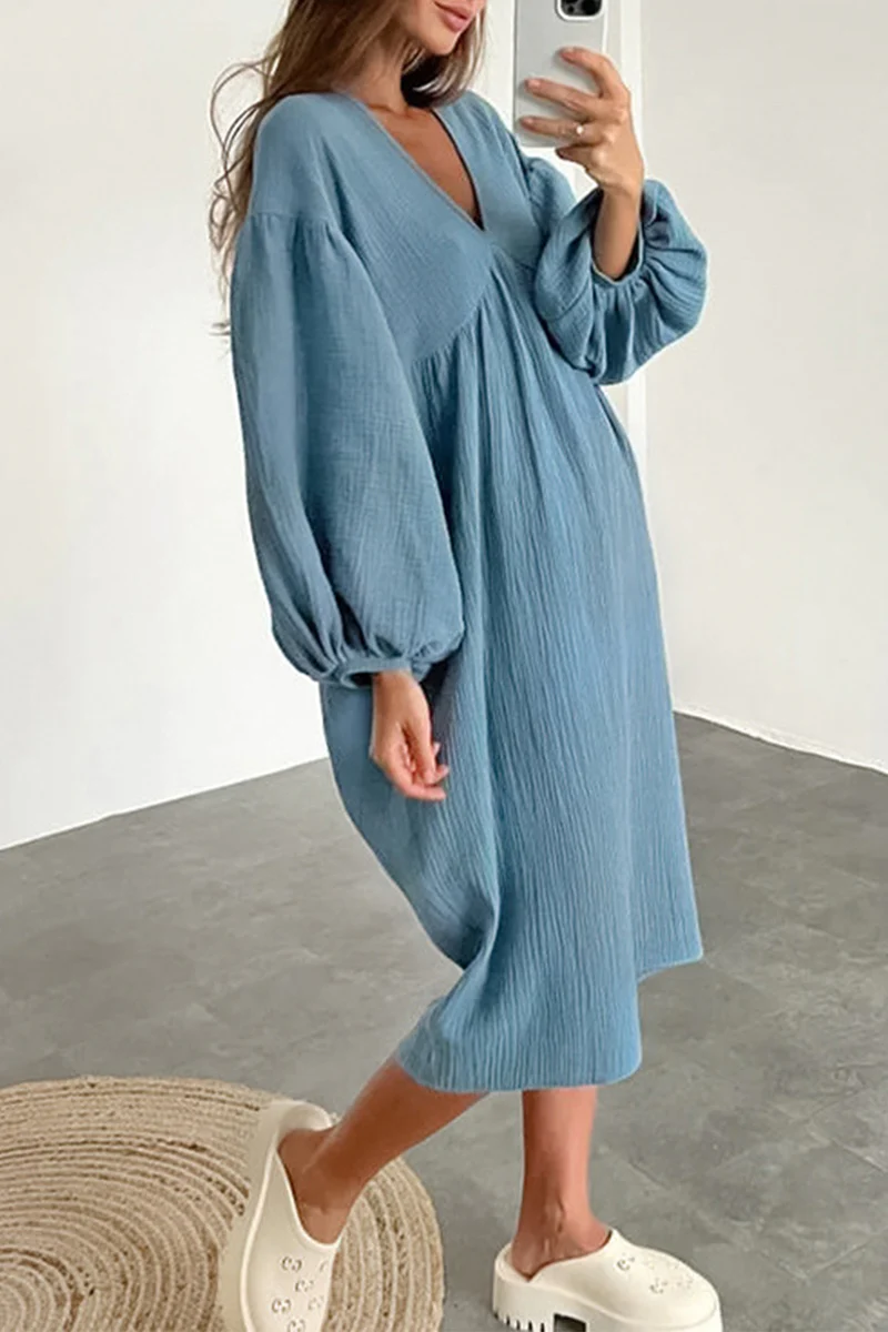 Casual Living Solid Pocket V Neck Long Sleeve Dresses - Panekey