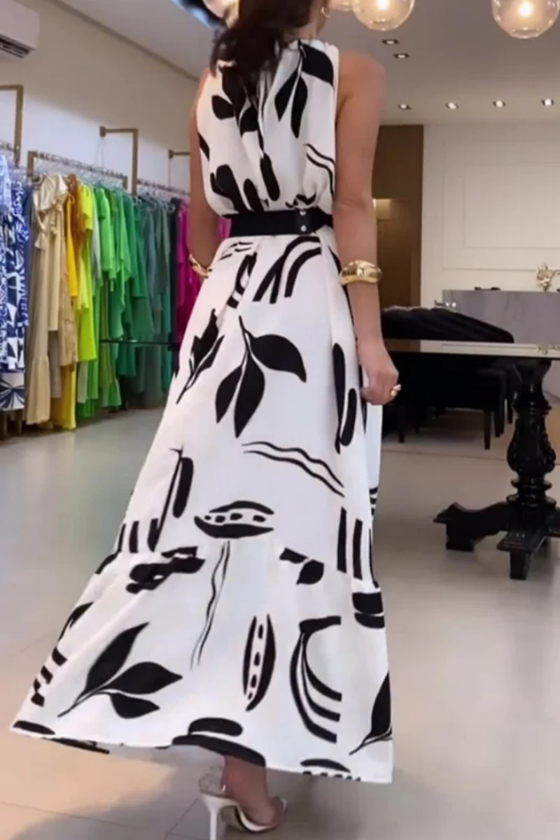 Casual Floral Print Lace Up With Belt O Neck Long Dresses - Panekey