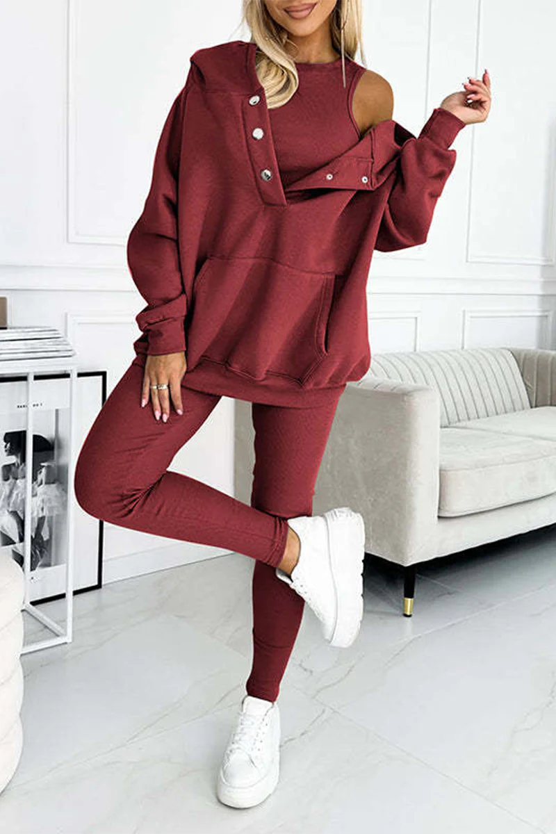 Casual Buttons Texture Hooded Long Sleeve Three Pieces(10 Colors) - Panekey