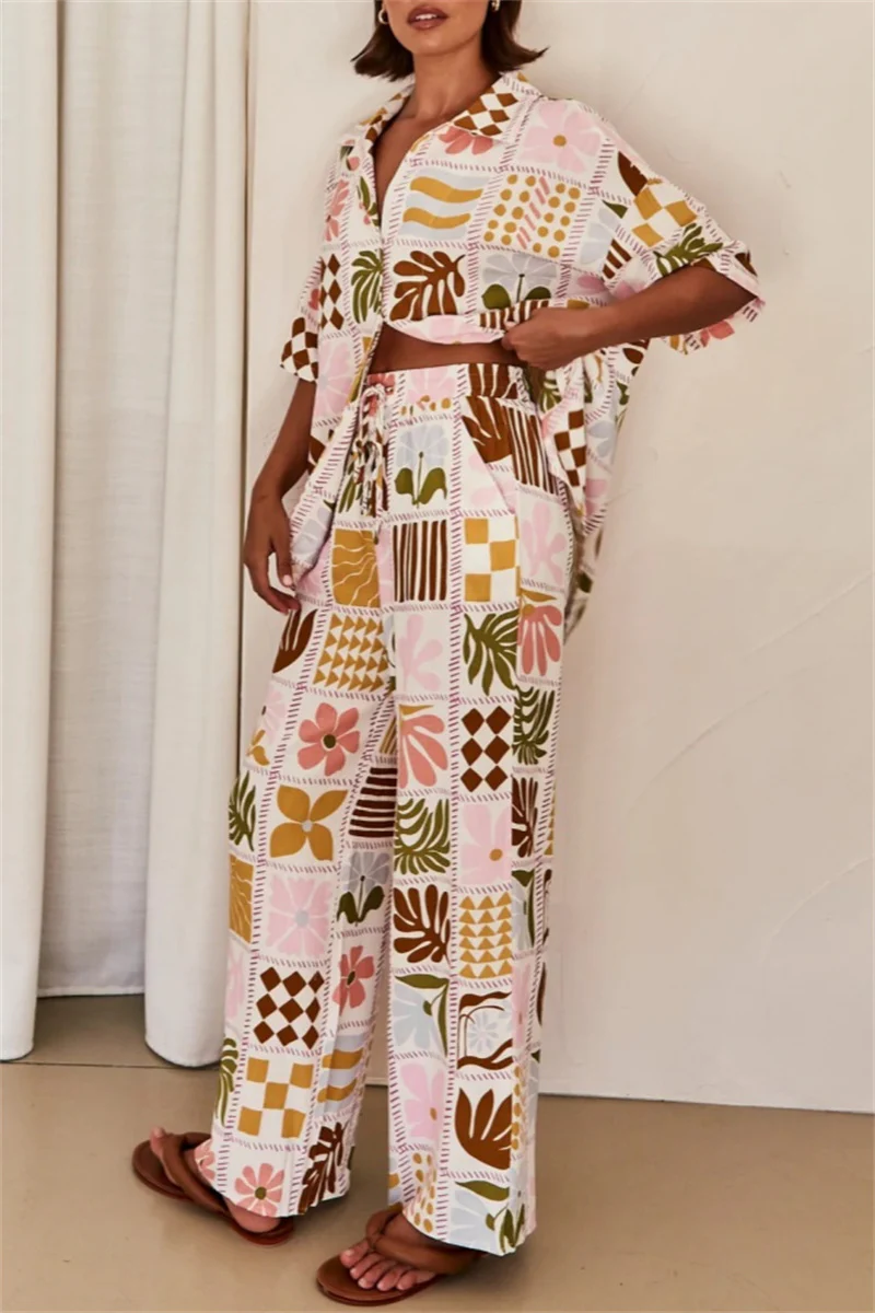 Casual Floral Print Basic Turndown Collar Short Sleeve Two Pieces - Panekey