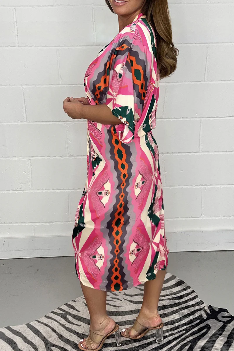 Casual Geometric Print Fold V Neck Printed Dress Dresses - Panekey