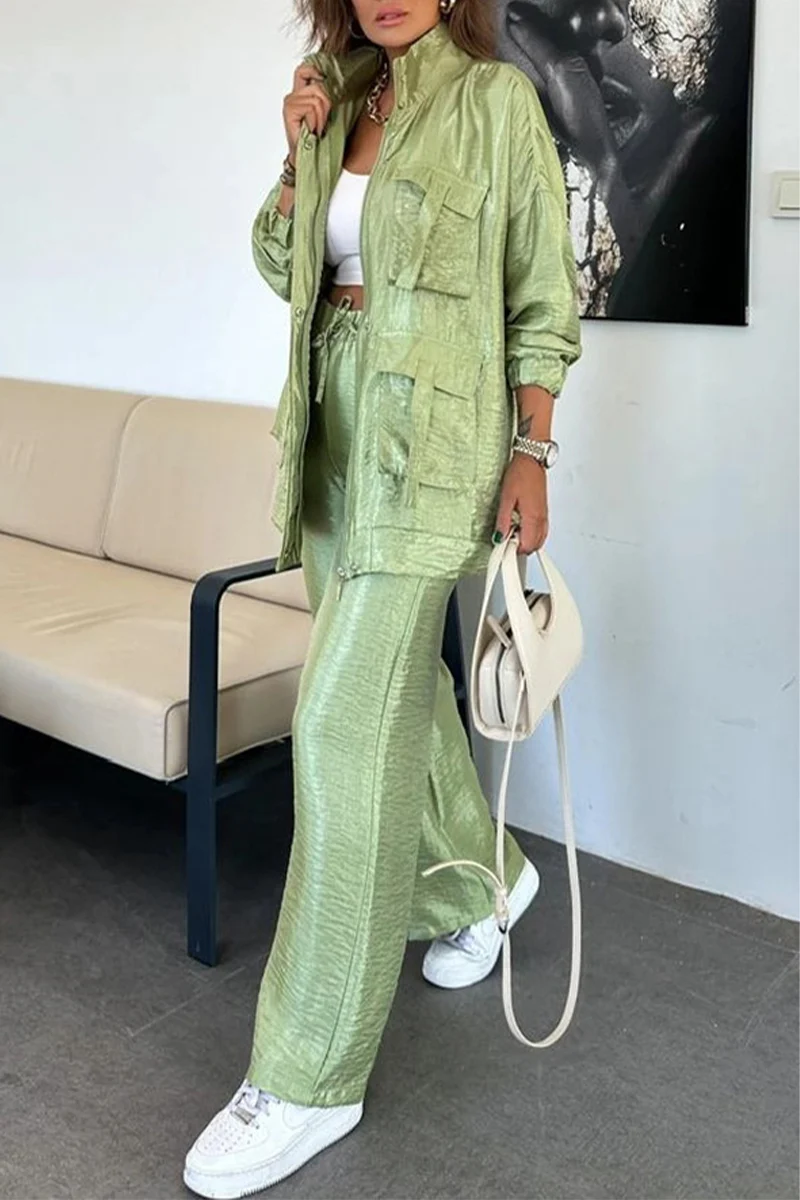 Casual Pocket Ruched Mandarin Collar Long Sleeve Two Pieces(6 Colors) - Panekey