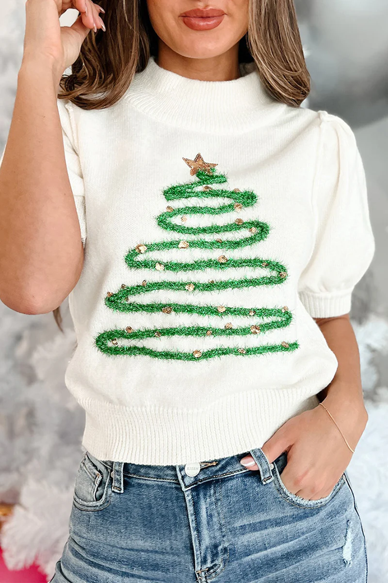 Casual Christmas Tree Sequins Patchwork Half A Turtleneck Sweaters - Panekey
