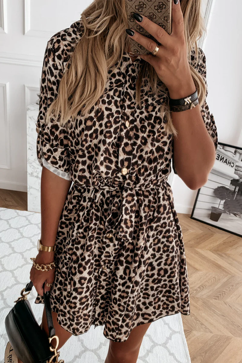 Casual Elegant Print Leopard Frenulum Buckle Dresses - Panekey