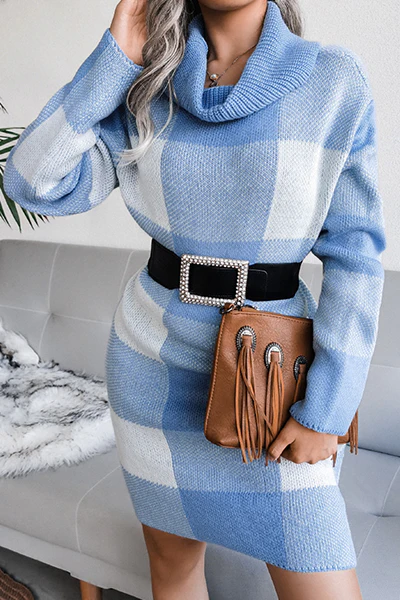 Casual Plaid Split Joint  Contrast Turtleneck Pencil Skirt Dresses Sweater (Without Belt) - Panekey
