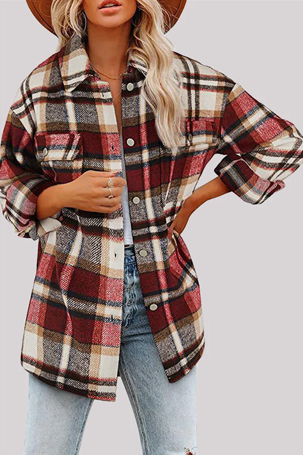 Casual Plaid Pocket Buckle Turndown Collar Outerwear(8 Colors) - Panekey