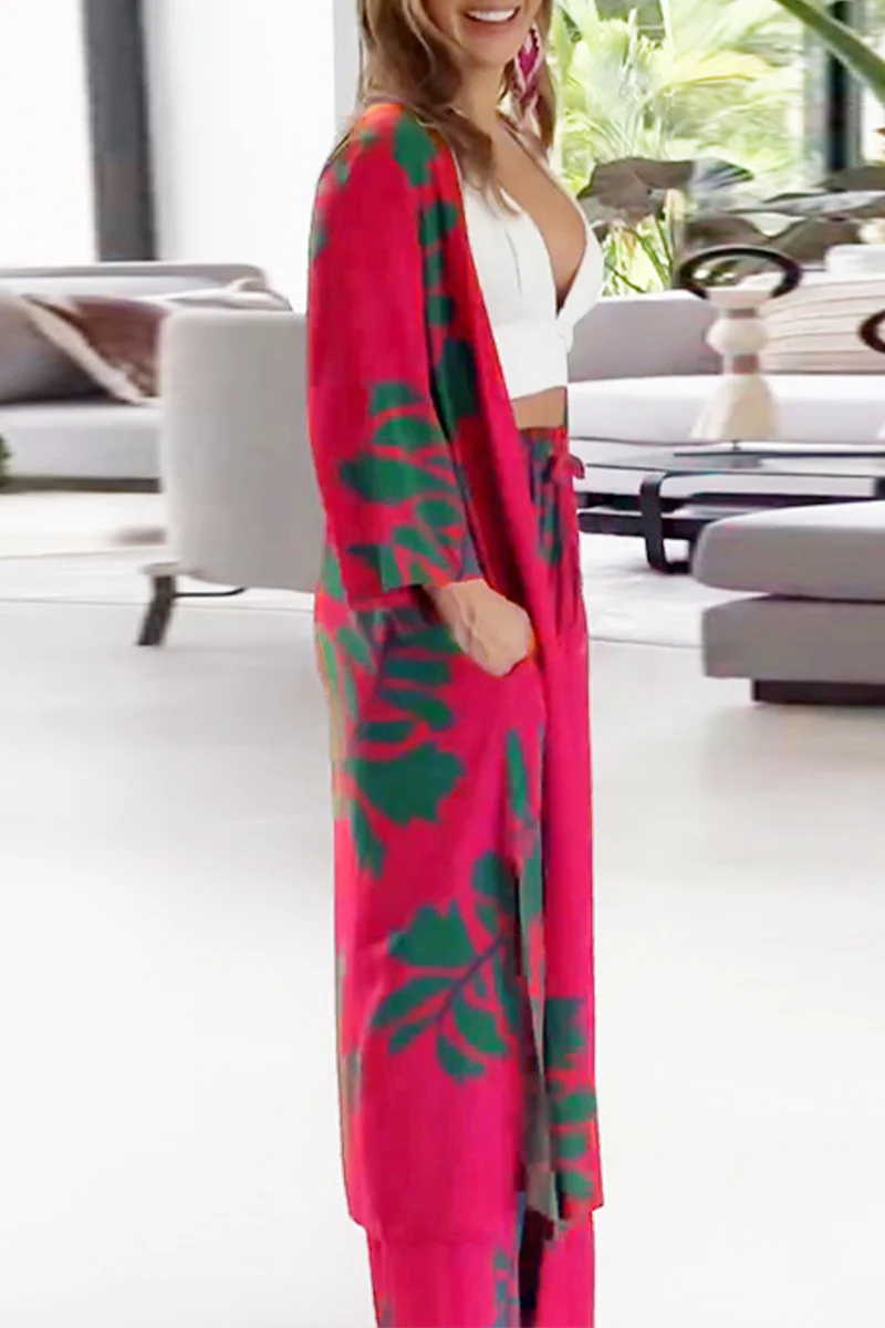 Casual Floral Pocket Cardigan Collar Long Sleeve Two Pieces - Panekey