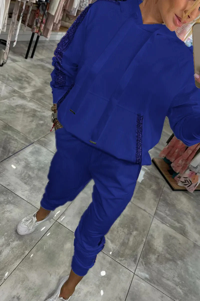 Casual Daily Sequins Draw String Pocket Hooded Long Sleeve Two Pieces(5 Colors) - Panekey