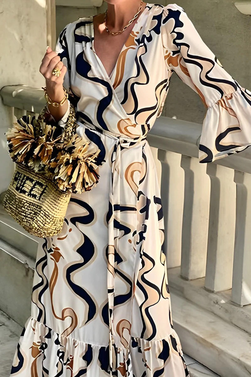 Casual Daily Geometric Print Lace Up Contrast U Neck One-piece Suits Dresses - Panekey