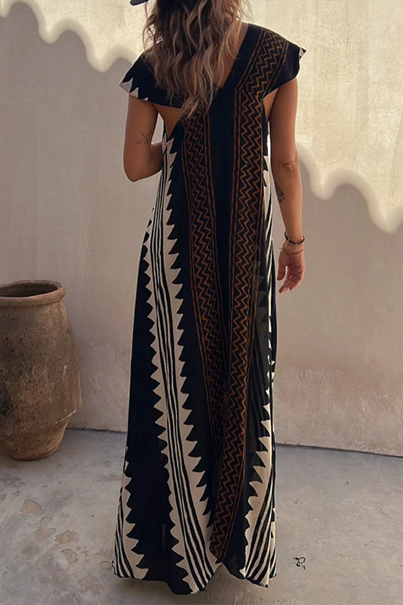 Casual College Geometric Print Fold V Neck A Line Dresses - Panekey