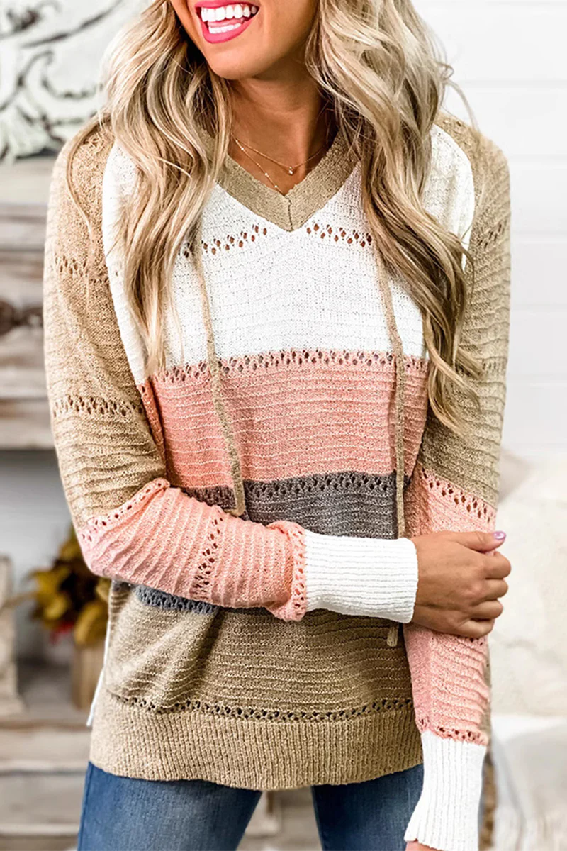 Casual Daily Stripe Weave Contrast Hooded Sweaters - Panekey