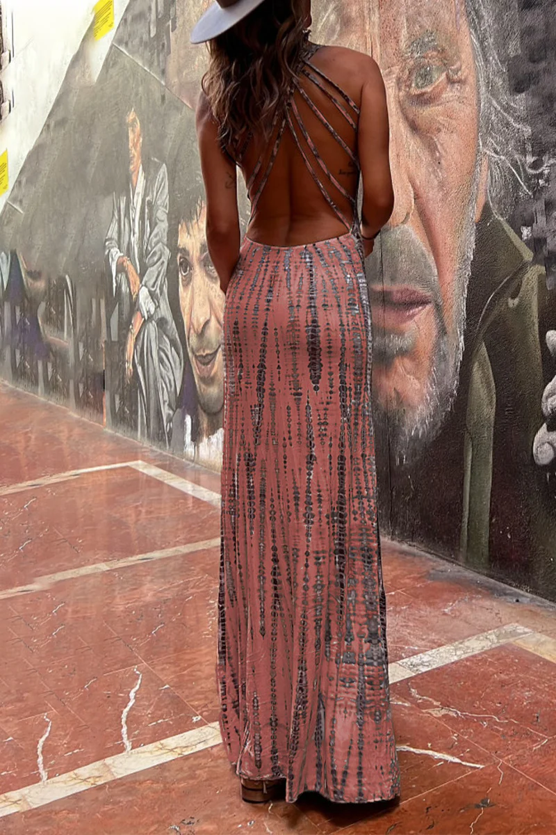 Bohemian Vacation Geometric Print Backless Halter One Step Skirt Dresses - Panekey