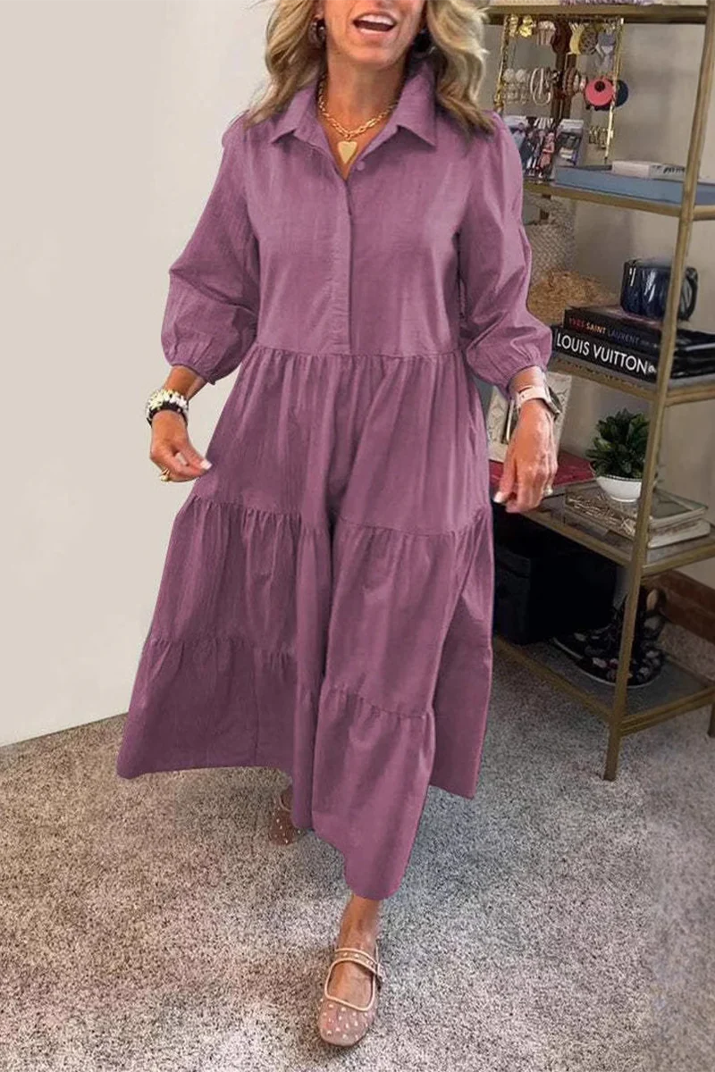 Casual Buttons Ruffle Turndown Collar A Line Dresses(6 Colors) - Panekey