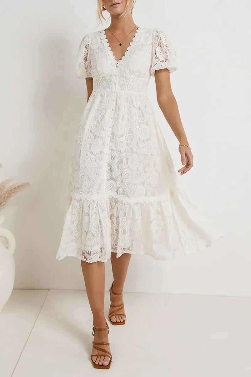 Casual Daily Solid Color Lace Buttons V Neck A Line Dresses(4 Colors) - Panekey