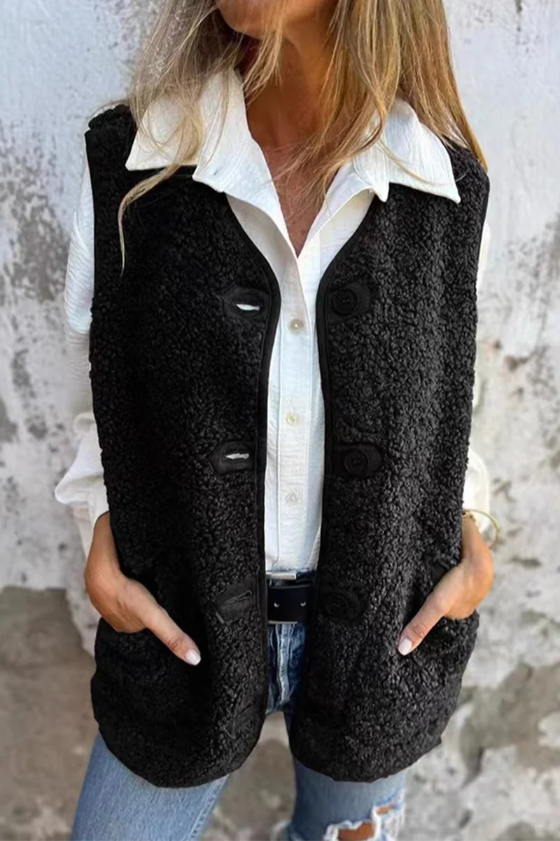 Casual Pocket Buttons Fluffy V Neck Waistcoats - Panekey