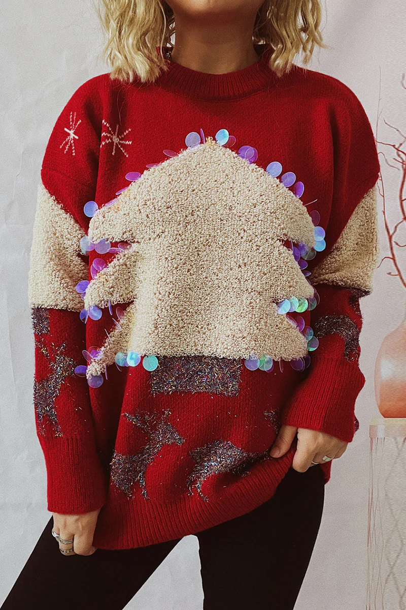 Casual Christmas Tree Sequins Patch O Neck Sweaters - Panekey