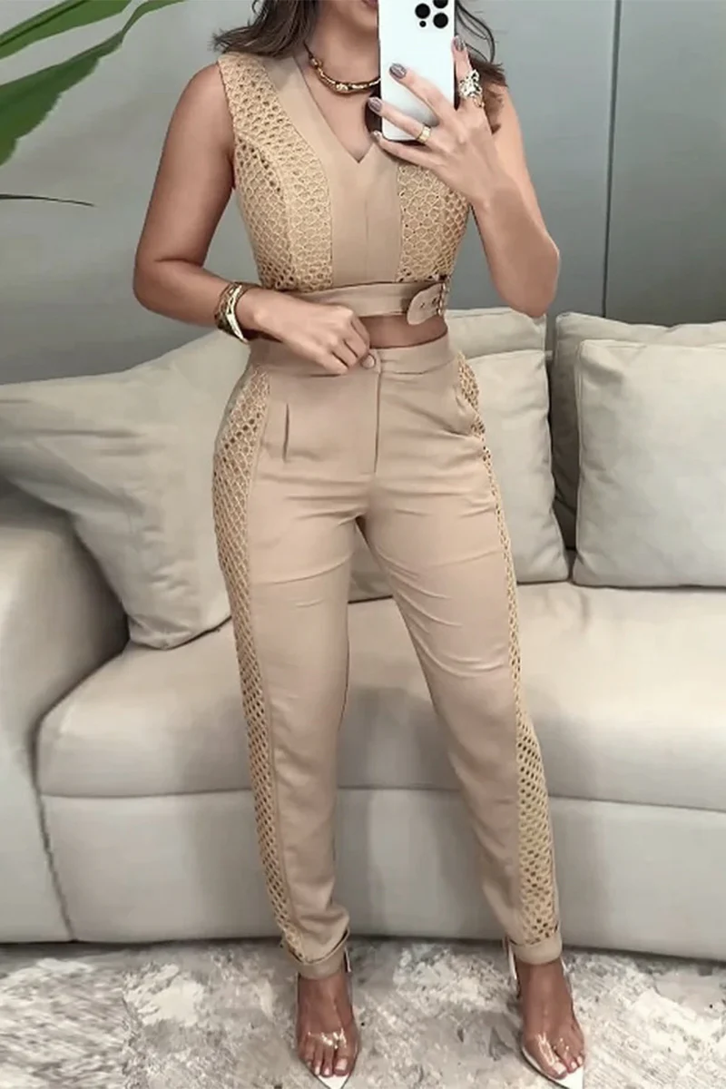 Casual Pocket Buttons Mesh V Neck Sleeveless Two Pieces - Panekey