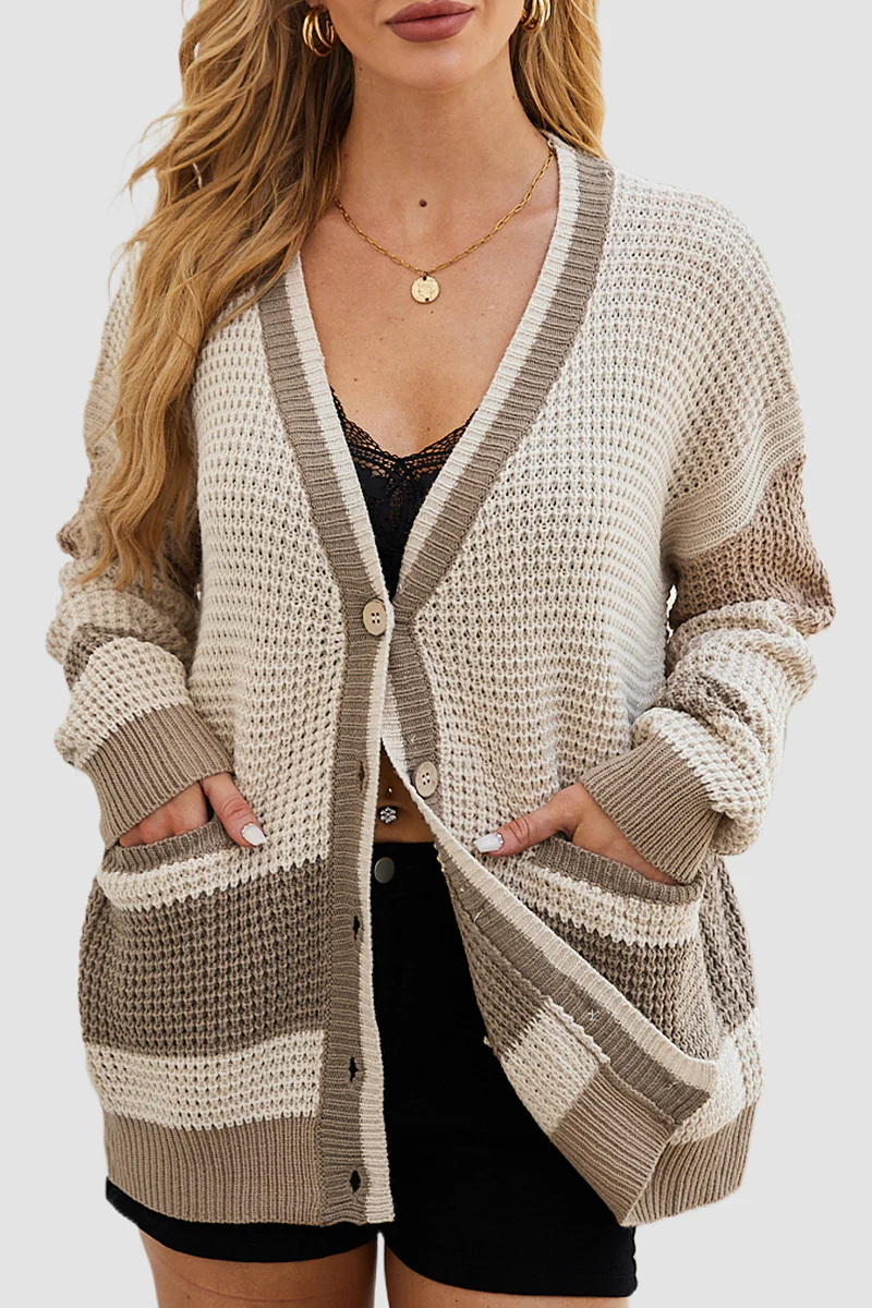 Casual Daily Colorblock Pocket Buttons Weave V Neck Outerwear(4 Colors) - Panekey